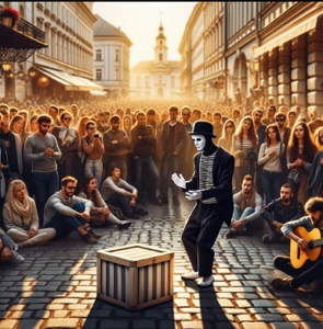 Ilustra&ccedil;&atilde;o mostrando um artista de rua fazendo uma apresenta&ccedil;&atilde;o de arte perform&aacute;tica