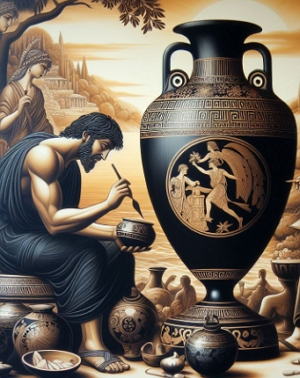 Pintura mostrando um artes&atilde;o grego desenhando em uma &acirc;nfora