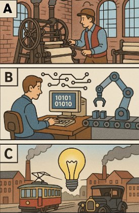 Figura ilustrativa sobre as tr&ecirc;s fases da revolu&ccedil;&atilde;o industrial