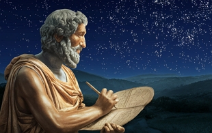 Ilustração de um astrônomo grego antigo olhando para o as estrelas a noite e fazendo anotações