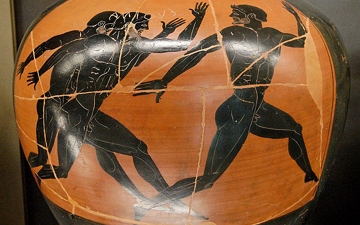 Pintura de &acirc;nfora mostrando uma cena do Atletismo na Gr&eacute;cia Antiga