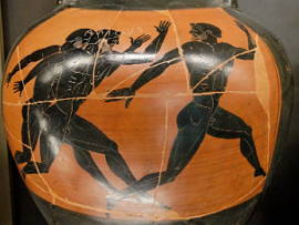 Pintura de ânfora mostrando uma cena do Atletismo na Grécia Antiga