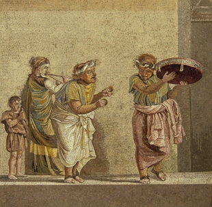 Mosaico antigo de Pompeia mostrando atores romanos dançando numa cena teatral