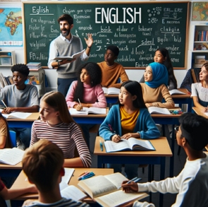 Ilustração de um professor dando uma aula de inglês