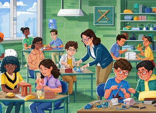 Ilustra&ccedil;&atilde;o de uma aula em que os alunos est&atilde;o constru&iacute;ndo maquetes e a professora orientando