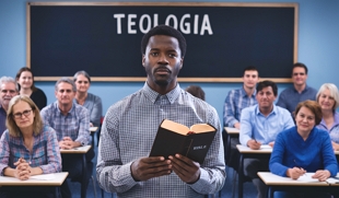 Imagem mostrando uma aula de teologia com professor segurando uma B&iacute;blia.