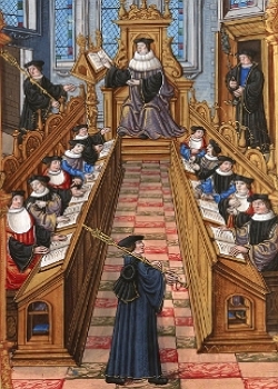 Pintura de uma aula com professor ensinando com livro aberto e alunos escrevendo ao lado