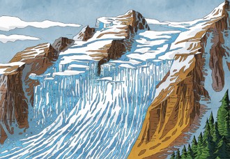 Ilustra&ccedil;&atilde;o em formato de desenho de uma avalanche, queda de gelo de uma montanha