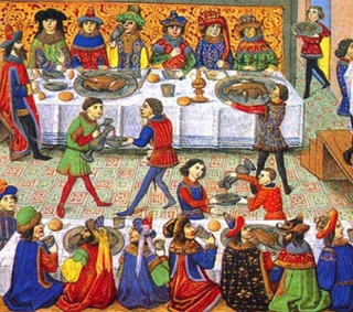 Pintura mostrando um banquete medieval da nobreza, com grande quantidade e variedade de alimentos