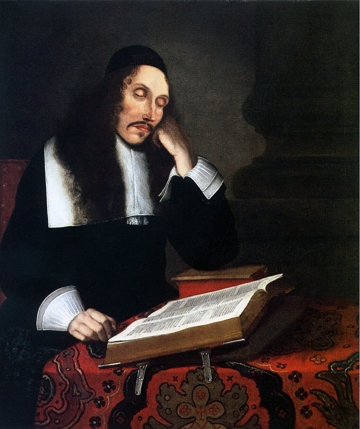 Retrato pintado de um homem branco, de cabelo preto e comprido, sentado e lendo um livro