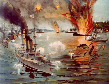 Pintura mostrando uma batalha naval