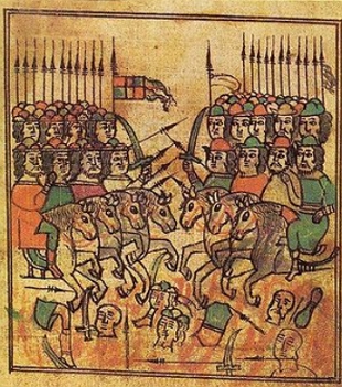 Pintura medieval mostrando uma batalha com soldados armados de lan&ccedil;as