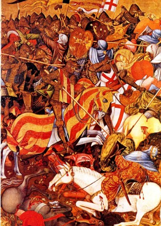 Pintura mostrando uma guerra medieval entre espanh&oacute;is e mouros durante a Reconquista Espanhola