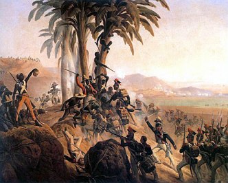 Pintura mostrando uma batalha no processo de Independ&ecirc;ncia do Haiti