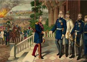 Napole&atilde;o III se rende a Guilherme I em setembro de 1870, encerrando a Batalha de Sedan.