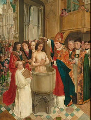 Pintura mostrando o rei franco Cl&oacute;vis sendo batizado numa igreja cat&oacute;lica