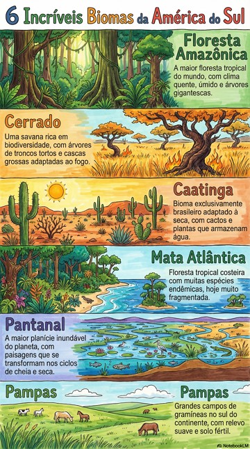 Infogr&aacute;fico com os seis principais biomas da Am&eacute;rica Sul