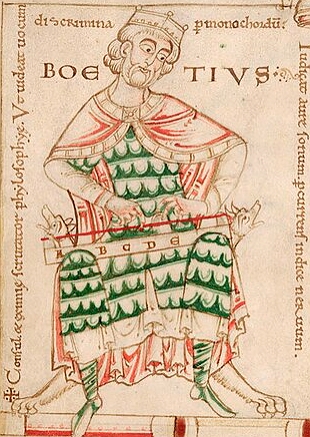 Pintura medieval mostrando o fil&oacute;sofo Bo&eacute;cio tocando um instrumento musical de cordas
