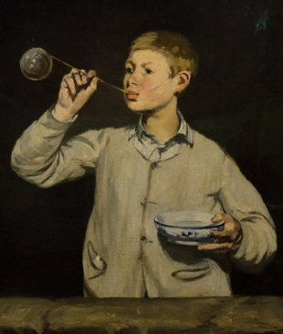 Pintura mostrando um menino fazendo uma bola de sab&atilde;o