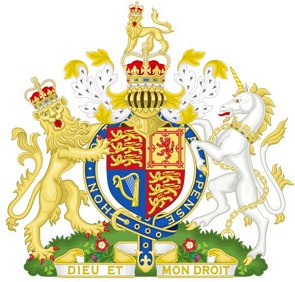 Brasão de armas com coroa, leão, cavalo e escudo