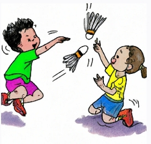 Desenho colorido mostrando duas crian&ccedil;as jogando peteca