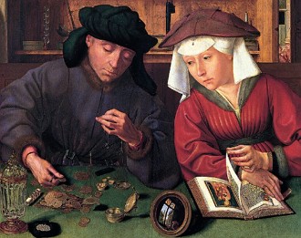 Pintura medieval mostrando um casal de burgueses mexendo em moedas douradas.