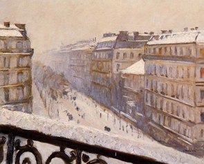 Pintura mostrando uma rua com prédios num dia de neve