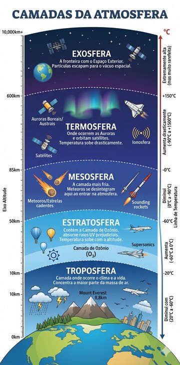 Ilustra&ccedil;&atilde;o did&aacute;tica mostrando as camadas da atmosfera