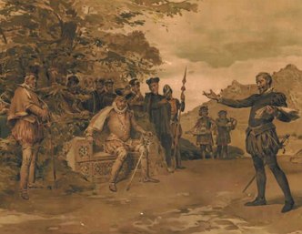 Pintura mostrando Cam&otilde;es lendo Os Lus&iacute;adas