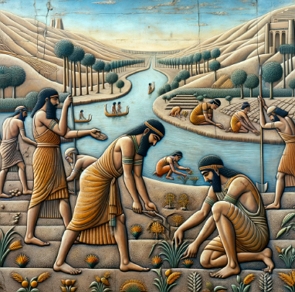 Imagem mostrando camponeses mesopot&acirc;micos plantando nas margens do rio