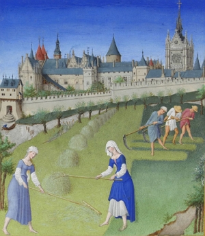 Pintura mostrando camponeses trabalhando na agricultura pr&oacute;ximos a um castelo