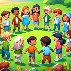 ILustração colorida mostrando crianças de mãos dadas, felizes, brincado de roda