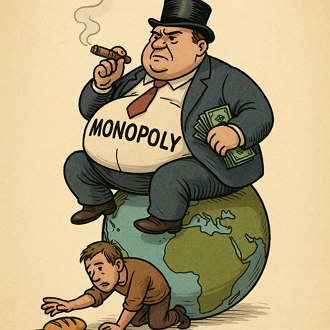 Charge mostrando um grande e rico capitalista sentado sobre o globo terrestre. Abaixo dele tem uma pessoa pobre pegando um peda&ccedil;o de p&atilde;o.