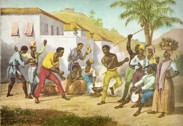 Pintura hist&oacute;rica Jogar Capoeira, pintura de Rugendas, de 1835