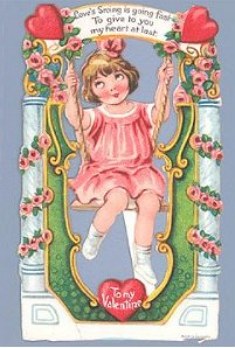 Cart&atilde;o pintado mostrando uma menina de vestido rosa sentada num balan&ccedil;o