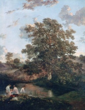 Pintura de um grande carvalho com pessoas vestidas de branco próximas a um lago