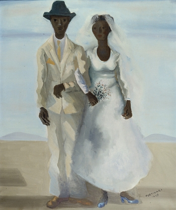 Pintura de um casal com roupas de casamento