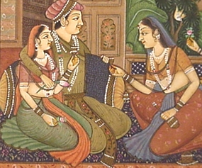 Pintura mostrando uma mulher e um casal de ricos indianos, bem vestidos