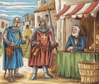 Ilustra&ccedil;&atilde;o mostrando dois cavaleiros cruzados fazendo com&eacute;rcio numa feira medieval