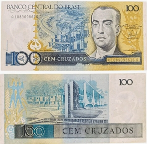 C&eacute;dula de 100 Cruzados com JK e Bras&iacute;lia
