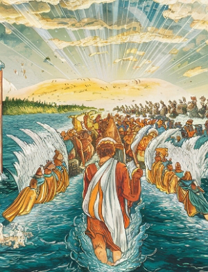 Ilustra&ccedil;&atilde;o representando a cena b&iacute;blica em que Moises abre a Mar Vermelho para a passagem de seu povo