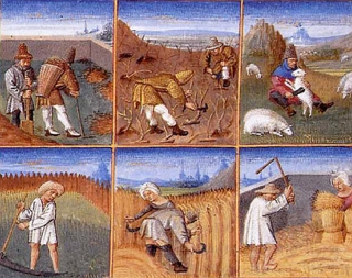Pintura medieval mostrando cenas da agricultura medieval
