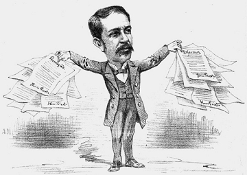 Charge de Floriano Peixoto segurando v&aacute;rios documentos