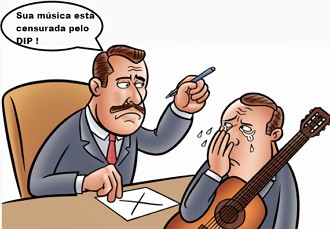 Charge mostrando um homem censurando uma m&uacute;sica de um compositor que est&aacute; chorando e segurando um viol&atilde;o.