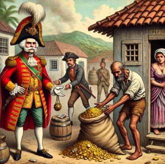 Charge sobre a cobran&ccedil;a de impostos na &eacute;poca da minera&ccedil;&atilde;o do ouro no Brasil colonial