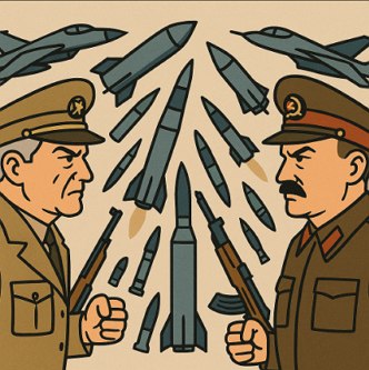 Charge mostrando um militar norte-americano ao lado de armas e um sovi&eacute;tico tamb&eacute;m ao lado de armas.