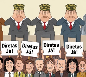 Charge mostrando pessoas pedindo elei&ccedil;&otilde;es diretas e pol&iacute;ticos tapando os olhos