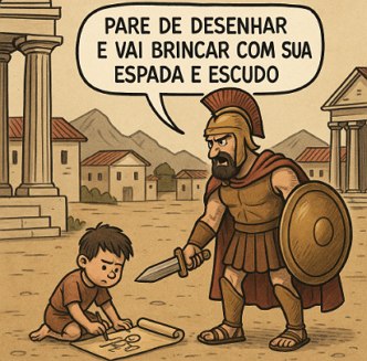 Charge mostrando soldado espartano mandando uma crian&ccedil;a parar de desenhar para ir brincar com a espada e escudo.