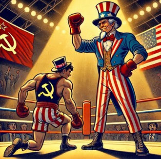 Charge mostrando o Tio Sam dos EUA vencendo uma luta de boxe sobre um soviético