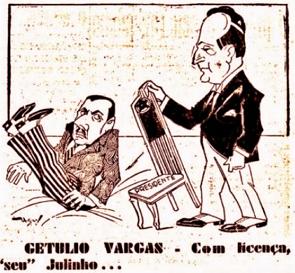 Charge de 1930 mostrando Vargas puxando a cadeira de Júlio Prestes